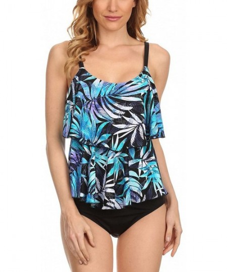 Tankinis Women's Two Tier Ruffle Tankini - Blue Leaves - CY12F8V755Z