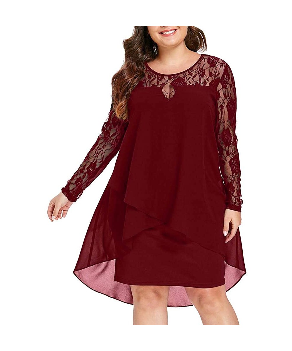 Racing Women's Casual Plus Size Sheer Lace Sleeve High Low Hem O-Neck Swing Dress Elegant Floral Lace Shirt Dress - Wine - CZ...