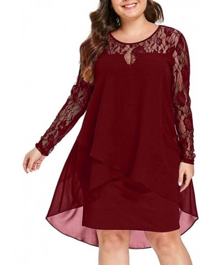 Racing Women's Casual Plus Size Sheer Lace Sleeve High Low Hem O-Neck Swing Dress Elegant Floral Lace Shirt Dress - Wine - CZ...