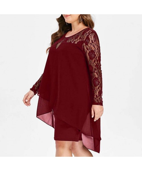 Racing Women's Casual Plus Size Sheer Lace Sleeve High Low Hem O-Neck Swing Dress Elegant Floral Lace Shirt Dress - Wine - CZ...