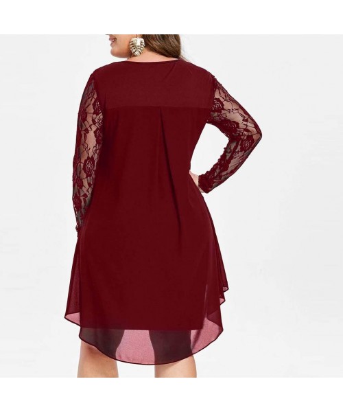 Racing Women's Casual Plus Size Sheer Lace Sleeve High Low Hem O-Neck Swing Dress Elegant Floral Lace Shirt Dress - Wine - CZ...