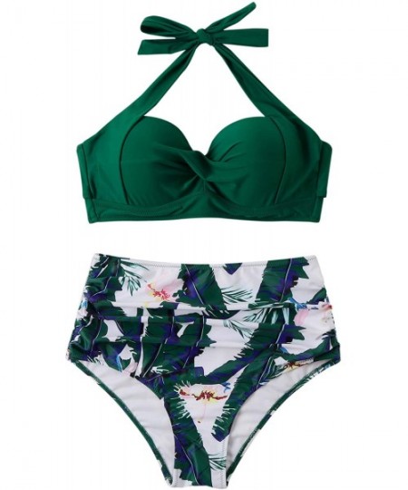 Sets Women Vintage Halter Ruched Bikini High Waisted Push Up Swimsuits - Leaf Green - C3194ISR4QY