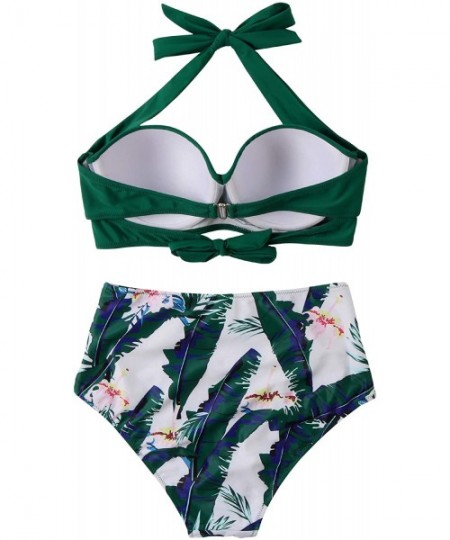 Sets Women Vintage Halter Ruched Bikini High Waisted Push Up Swimsuits - Leaf Green - C3194ISR4QY