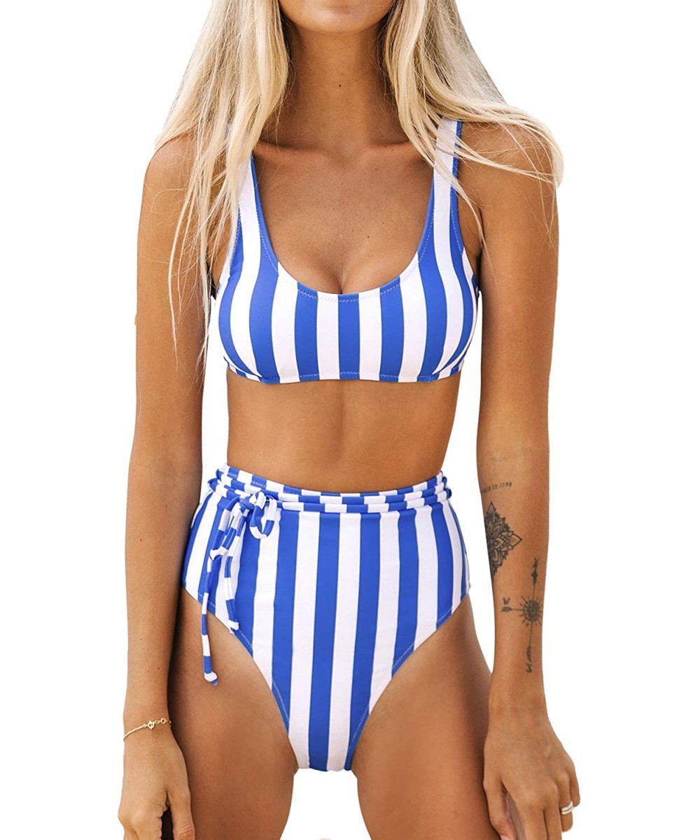 Sets Women's High Waisted Stripe Belt Wide Straps Bikini Swimsuit Sets - CM199DSH05R