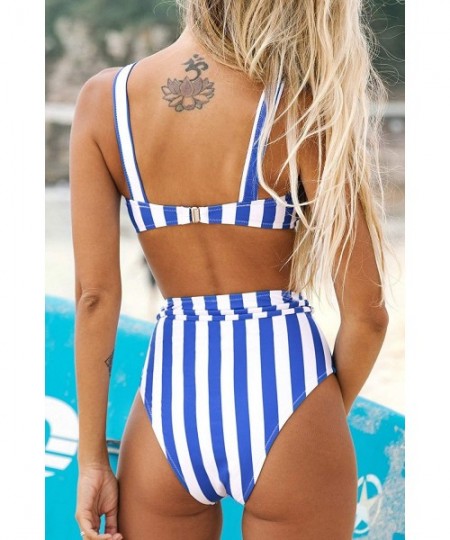 Sets Women's High Waisted Stripe Belt Wide Straps Bikini Swimsuit Sets - CM199DSH05R