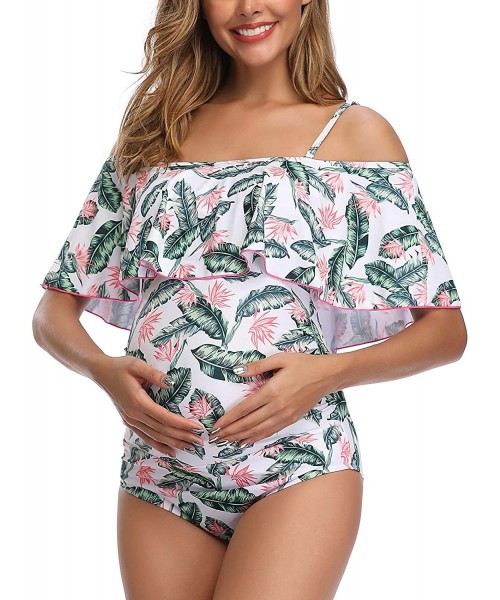 One-Pieces Ruffle Maternity Swimsuit Flounce Off-Shoulder Pregnancy One Piece Beachwear - Green Leaves - C418SY29KXH