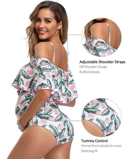 One-Pieces Ruffle Maternity Swimsuit Flounce Off-Shoulder Pregnancy One Piece Beachwear - Green Leaves - C418SY29KXH