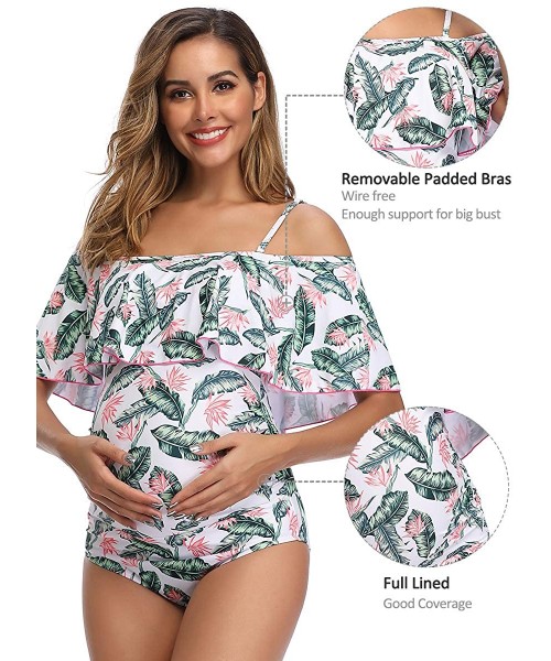 One-Pieces Ruffle Maternity Swimsuit Flounce Off-Shoulder Pregnancy One Piece Beachwear - Green Leaves - C418SY29KXH