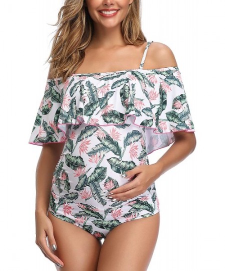 One-Pieces Ruffle Maternity Swimsuit Flounce Off-Shoulder Pregnancy One Piece Beachwear - Green Leaves - C418SY29KXH