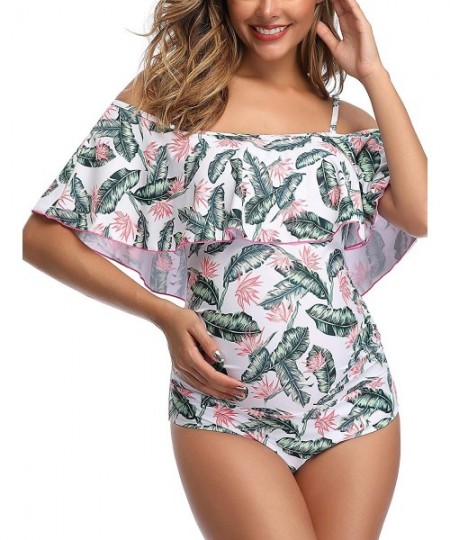 One-Pieces Ruffle Maternity Swimsuit Flounce Off-Shoulder Pregnancy One Piece Beachwear - Green Leaves - C418SY29KXH