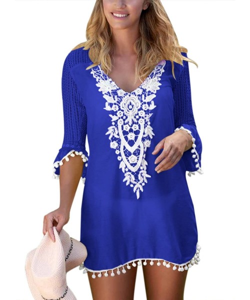 Cover-Ups Women's Crochet Chiffon Tassel Swimsuit Bikini Pom Pom Trim Swimwear Beach Cover Up - A Tassel Navy Blue - C3180CNWQYL