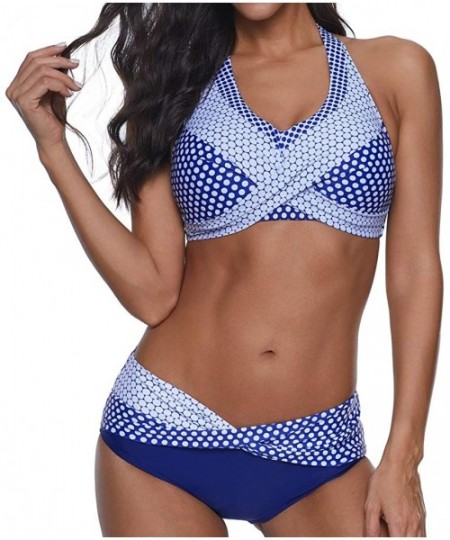 Sets Women Polka Dots Bathing Suit Push-Up Beach Swimsuit Bikini Neck Tankini Set - Styleb - Blue - CE198GYW8AT