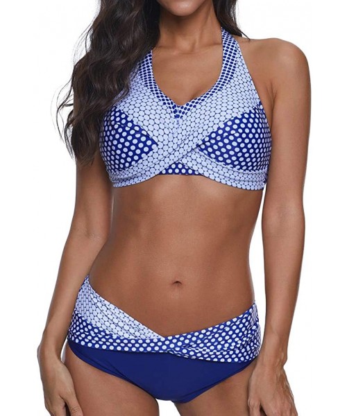 Sets Women Polka Dots Bathing Suit Push-Up Beach Swimsuit Bikini Neck Tankini Set - Styleb - Blue - CE198GYW8AT