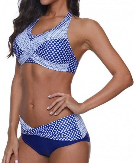 Sets Women Polka Dots Bathing Suit Push-Up Beach Swimsuit Bikini Neck Tankini Set - Styleb - Blue - CE198GYW8AT