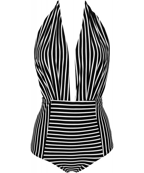 One-Pieces Retro One Piece Backless Bather Swimsuit High Waisted Pin Up Swimwear(FBA) - White Stripe - CS19243TQO5