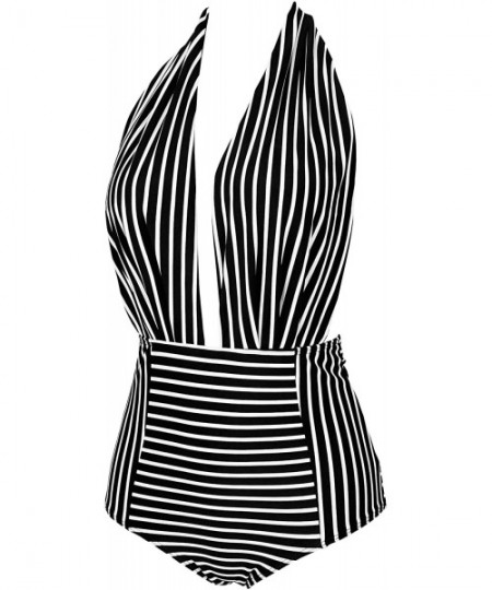 One-Pieces Retro One Piece Backless Bather Swimsuit High Waisted Pin Up Swimwear(FBA) - White Stripe - CS19243TQO5