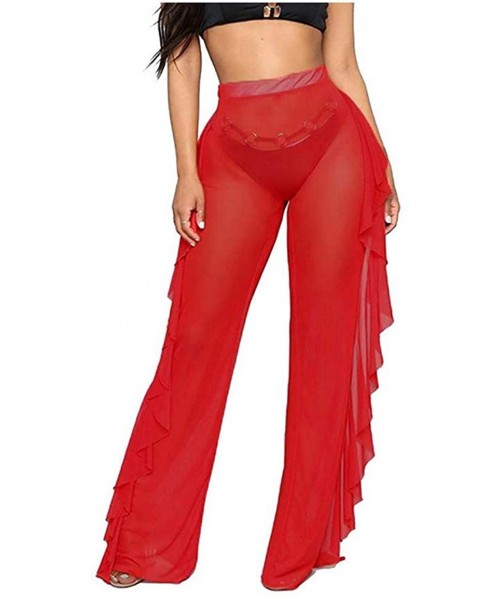 Cover-Ups Women Sexy Perspective Mesh Sheer Swim Shorts Pants Bikini Bottom Cover up Ruffle Clubwear Pants - Red - CP193LSNL3L