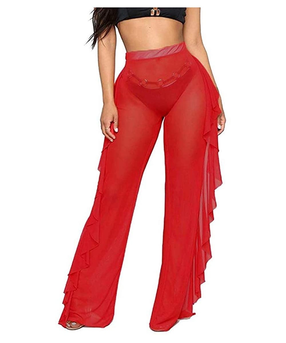 Cover-Ups Women Sexy Perspective Mesh Sheer Swim Shorts Pants Bikini Bottom Cover up Ruffle Clubwear Pants - Red - CP193LSNL3L