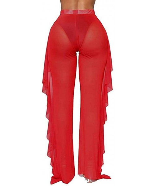 Cover-Ups Women Sexy Perspective Mesh Sheer Swim Shorts Pants Bikini Bottom Cover up Ruffle Clubwear Pants - Red - CP193LSNL3L