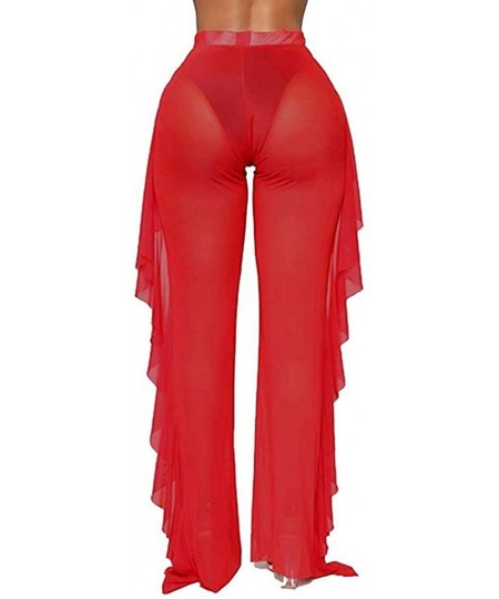 Cover-Ups Women Sexy Perspective Mesh Sheer Swim Shorts Pants Bikini Bottom Cover up Ruffle Clubwear Pants - Red - CP193LSNL3L