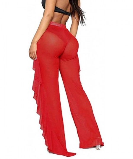 Cover-Ups Women Sexy Perspective Mesh Sheer Swim Shorts Pants Bikini Bottom Cover up Ruffle Clubwear Pants - Red - CP193LSNL3L