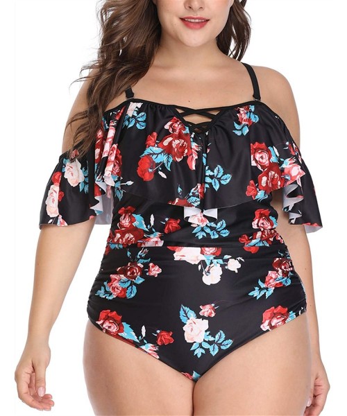 One-Pieces Women Plus Size Swimsuits One Piece Tummy Control Off Shoulder Bathing Suit - Floral - CG1965IWCKH