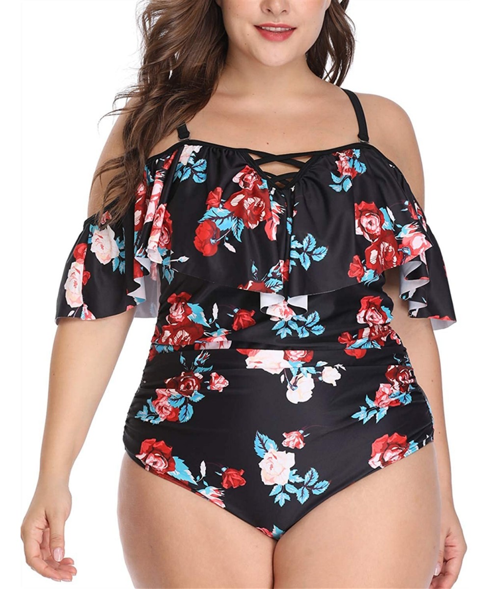 One-Pieces Women Plus Size Swimsuits One Piece Tummy Control Off Shoulder Bathing Suit - Floral - CG1965IWCKH