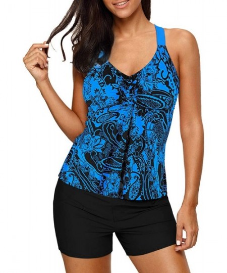 Tankinis Women's Blouson Floral T-Back Push Up Tankini Top S-XXXL - Paisley-blue - CR1934TOR7M