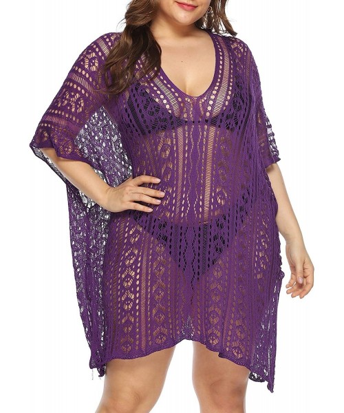 Cover-Ups Women's Summer Swimsuit V Neck Beachwear Plus-Size Bikini Cover Ups Sexy Crochet Dress Semi-Sheer - Purple - CB197K...