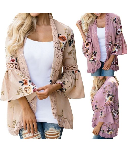 Cover-Ups Light Cardigans for Women Summer Women's Ruffle Bell Sleeve Kimono Cardigans Lace Cover Up Loose Blouse Tops Z1 pin...