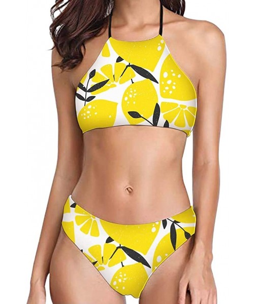 Sets Lemon Two Piece Swimsuit Summer Beach Hot Sexy Bikini Set High Neck Bandage Bathing Suits Beachwear for Women Yellow - C...