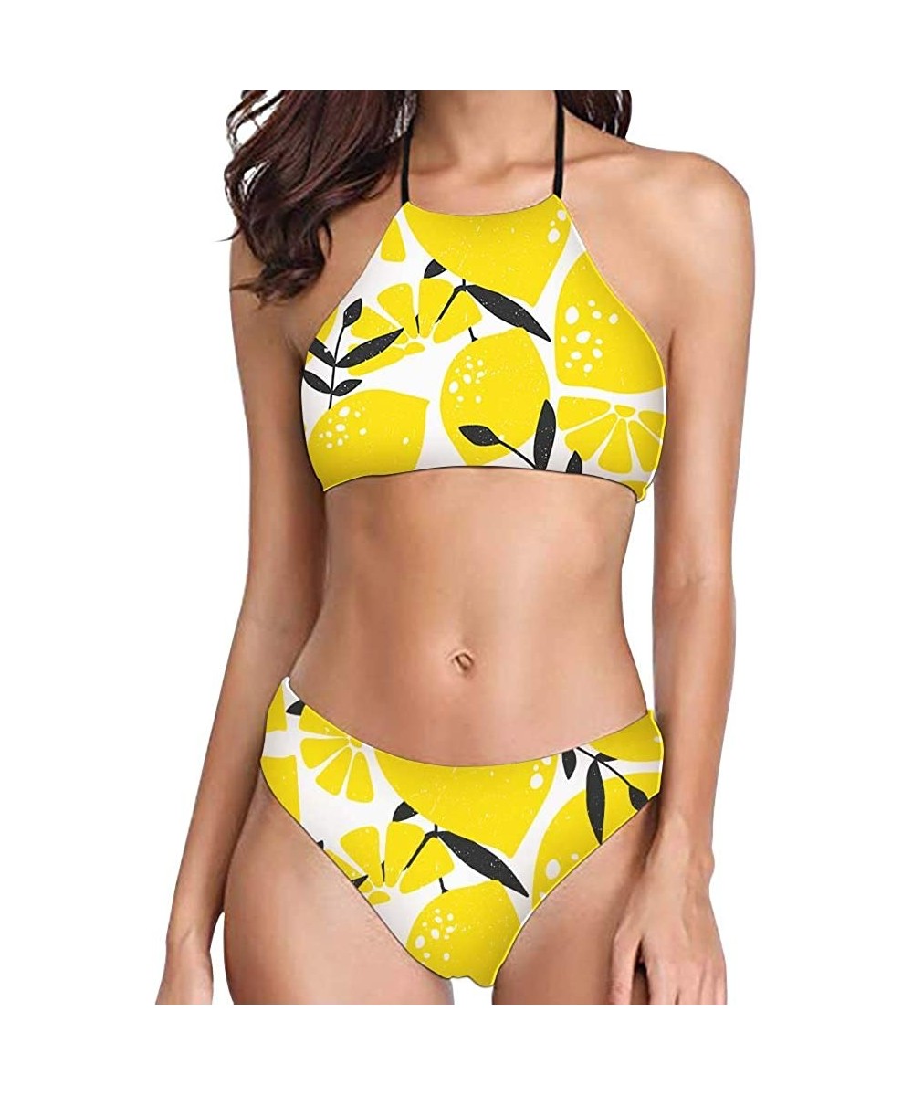 Sets Lemon Two Piece Swimsuit Summer Beach Hot Sexy Bikini Set High Neck Bandage Bathing Suits Beachwear for Women Yellow - C...