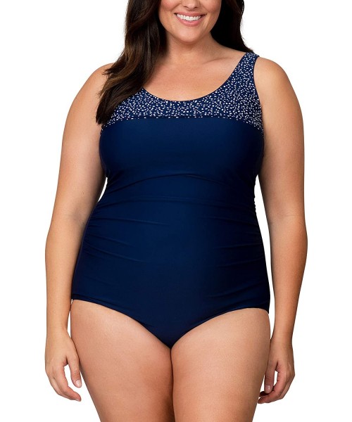 One-Pieces Women's Ruched Plus Size One Piece Swimsuit with Tummy Control - Navy - C918RT6QWRT