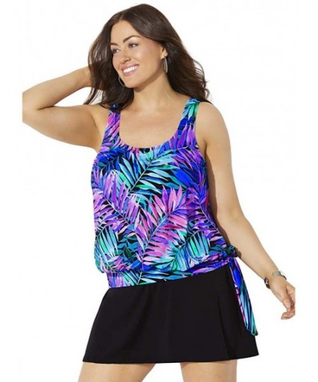 Tankinis Women's Plus Size Side Tie Blouson Tankini Set with Skirt - Palmtastic - CT18XAZRUAG