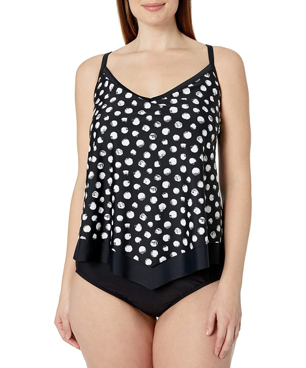 Tops Women's V-Neck Flutter Tankini Swimsuit Top - Black//Dandelion Dot - CG18ZQ0MYOQ