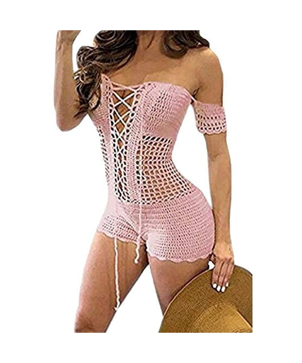 Cover-Ups Women's Sexy Bikini Off Shoulder Lace Up Mesh Knit Crochet Swimsuit Cover Up Swimwear - Pink - CL18C5C33RU