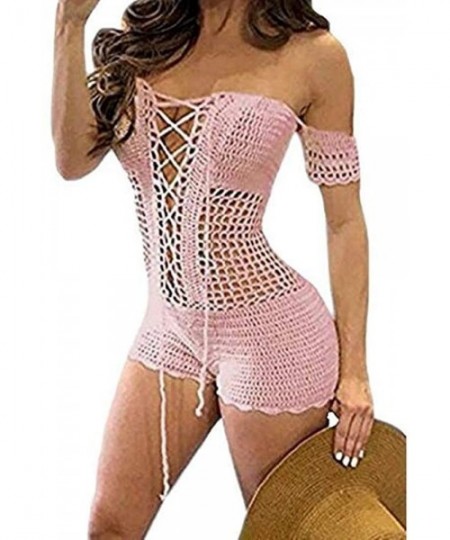 Cover-Ups Women's Sexy Bikini Off Shoulder Lace Up Mesh Knit Crochet Swimsuit Cover Up Swimwear - Pink - CL18C5C33RU