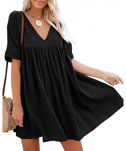 Cover-Ups Women's Casual Short Sleeve Loose Swing Dress V Neck Solid Pleated Babydoll Tunic - Black - C9195NL9ZGA