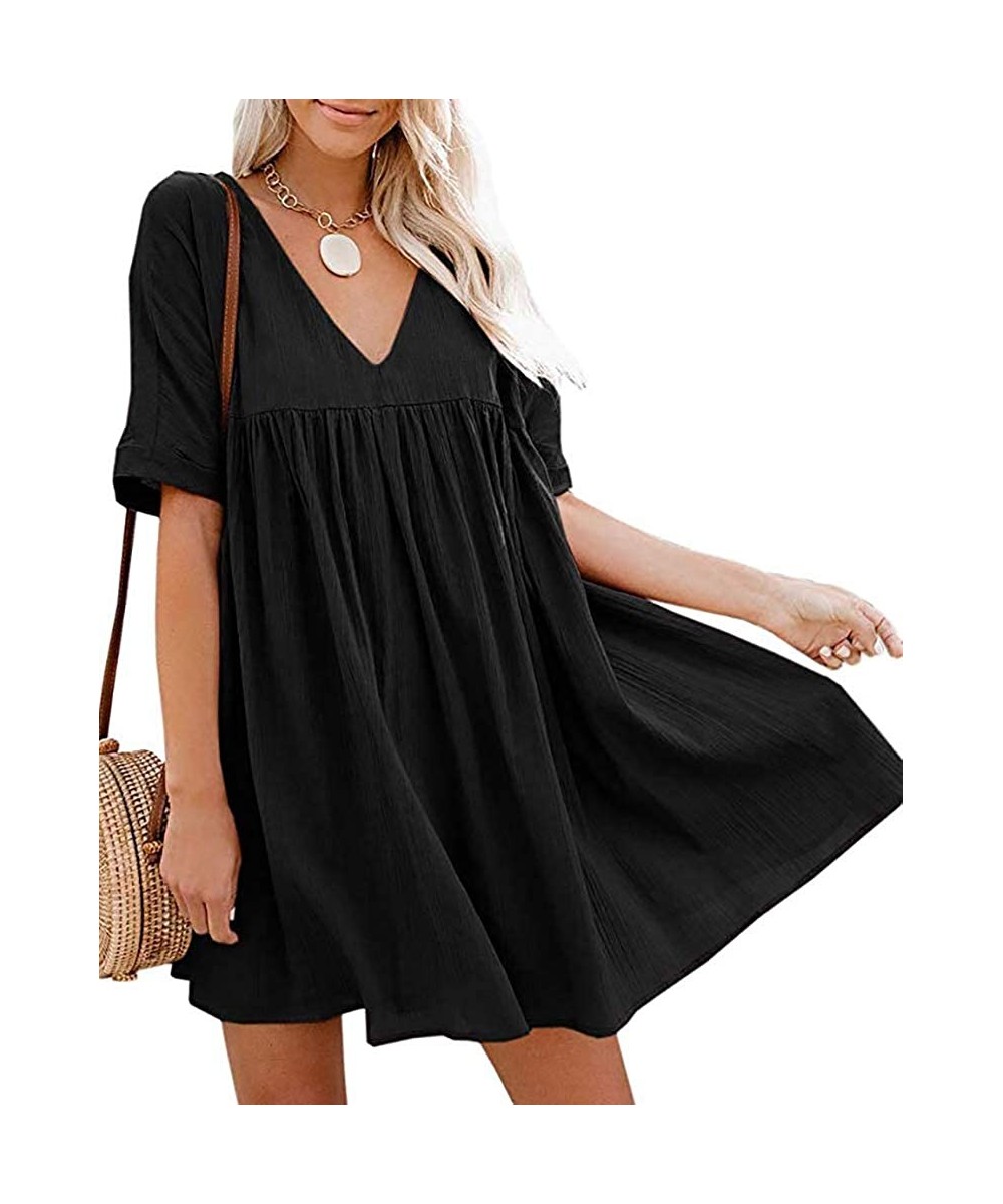 Cover-Ups Women's Casual Short Sleeve Loose Swing Dress V Neck Solid Pleated Babydoll Tunic - Black - C9195NL9ZGA