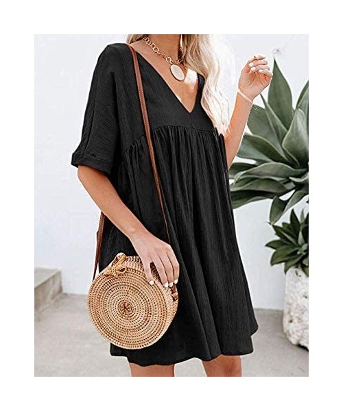 Cover-Ups Women's Casual Short Sleeve Loose Swing Dress V Neck Solid Pleated Babydoll Tunic - Black - C9195NL9ZGA