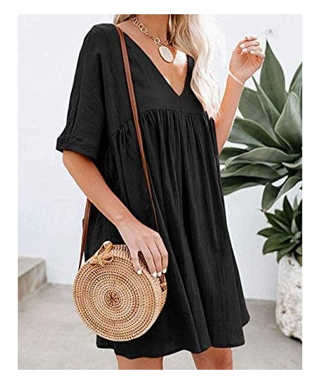 Cover-Ups Women's Casual Short Sleeve Loose Swing Dress V Neck Solid Pleated Babydoll Tunic - Black - C9195NL9ZGA