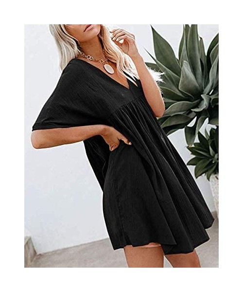 Cover-Ups Women's Casual Short Sleeve Loose Swing Dress V Neck Solid Pleated Babydoll Tunic - Black - C9195NL9ZGA