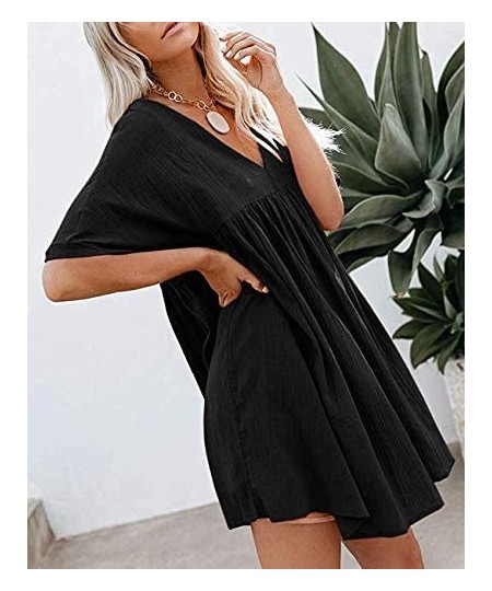 Cover-Ups Women's Casual Short Sleeve Loose Swing Dress V Neck Solid Pleated Babydoll Tunic - Black - C9195NL9ZGA