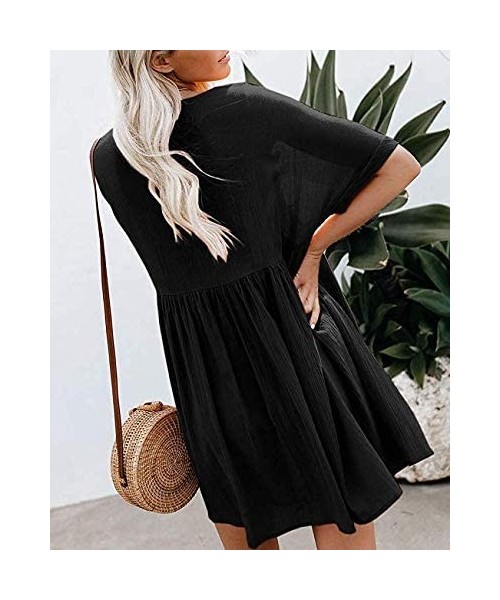 Cover-Ups Women's Casual Short Sleeve Loose Swing Dress V Neck Solid Pleated Babydoll Tunic - Black - C9195NL9ZGA