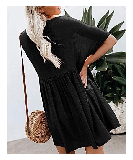 Cover-Ups Women's Casual Short Sleeve Loose Swing Dress V Neck Solid Pleated Babydoll Tunic - Black - C9195NL9ZGA