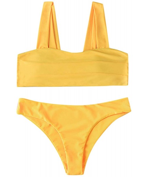 Sets Women's Sexy Printing Wide Straps Padded Bandeau Bikini Set - Yellow - CR18UO0EOUI