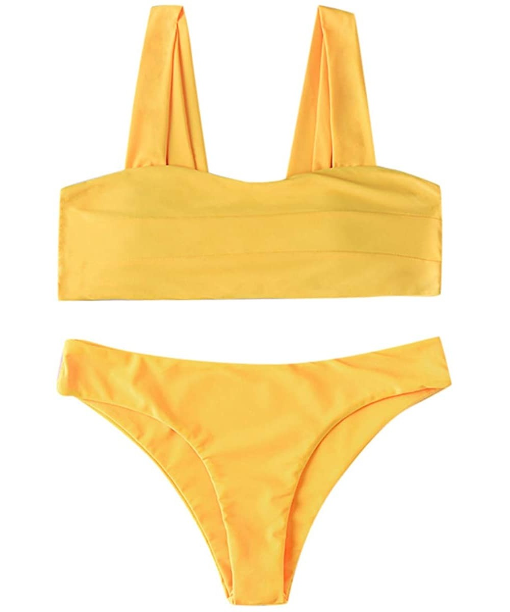 Sets Women's Sexy Printing Wide Straps Padded Bandeau Bikini Set - Yellow - CR18UO0EOUI