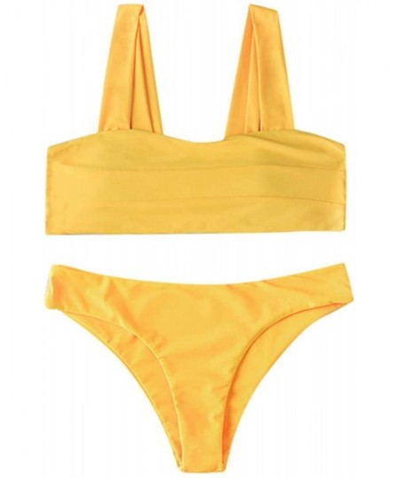 Sets Women's Sexy Printing Wide Straps Padded Bandeau Bikini Set - Yellow - CR18UO0EOUI