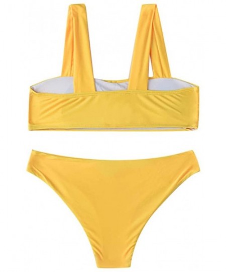 Sets Women's Sexy Printing Wide Straps Padded Bandeau Bikini Set - Yellow - CR18UO0EOUI