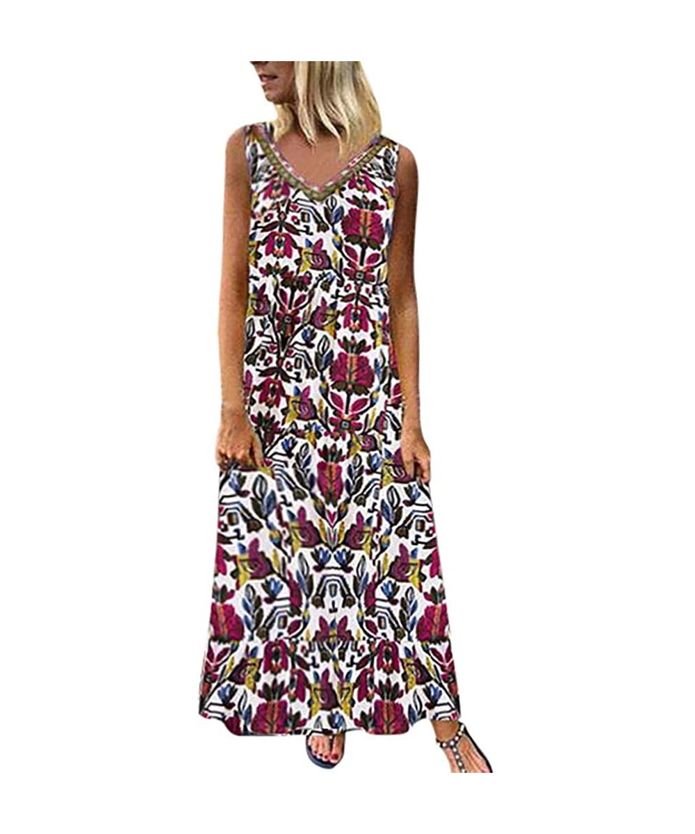 Cover-Ups Women's Dresses-2020 Summer Newest Arrival Plus Size Bohemian O-Neck Floral Vintage Sleeve Long Maxi - Red - CV18UR...